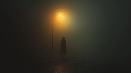 Wall Mural - creepy figure standing under a flickering streetlight in the fog