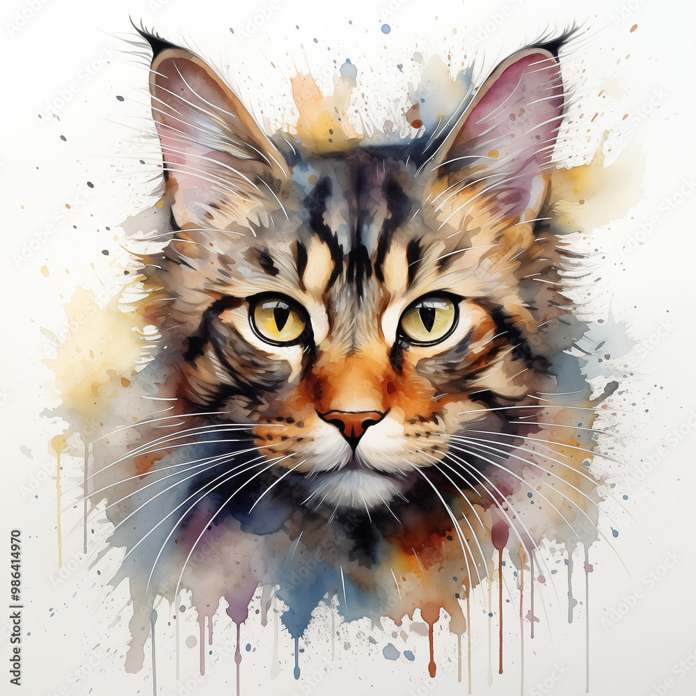Watercolor Portrait of a Tabby Cat with Splashes of Color, AI ...