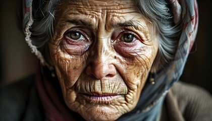 Wall Mural - Weathered gaze of a weary elderly woman reflecting sadness and nostalgia