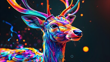 Wall Mural - Vibrant Abstract Holographic Deer Art Against a Dark Background