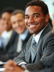 A man with a smile on his face is sitting in a group of people