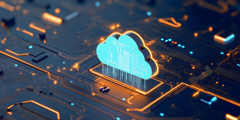 Cloud icon on a circuit board representing cloud infrastructure and data processing, generative ai