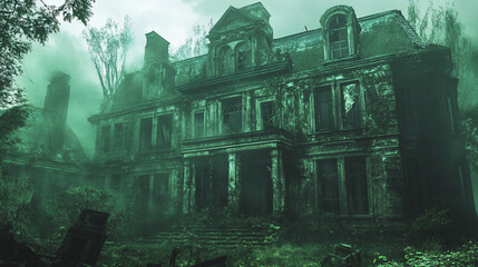 Wall Mural - abandoned mansion with broken windows and eerie green mist