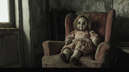 Wall Mural - creepy doll sitting in a chair in a dark, dusty room