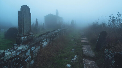 Wall Mural - eerie fog rolling through an old, dilapidated cemetery