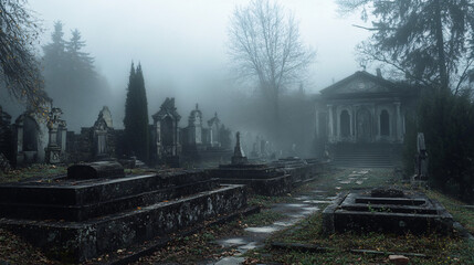Wall Mural - eerie fog rolling through an old, dilapidated cemetery