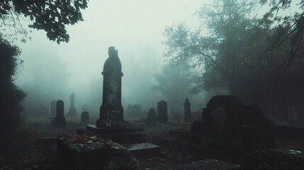 Wall Mural - eerie fog rolling through an old, dilapidated cemetery