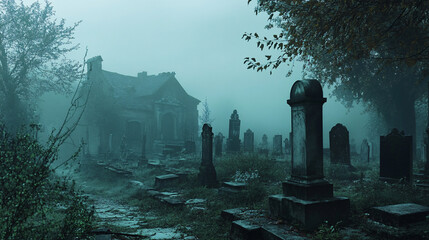 Wall Mural - eerie fog rolling through an old, dilapidated cemetery