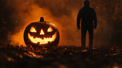 Wall Mural - creepy figure standing in front of a glowing jack-o-lantern