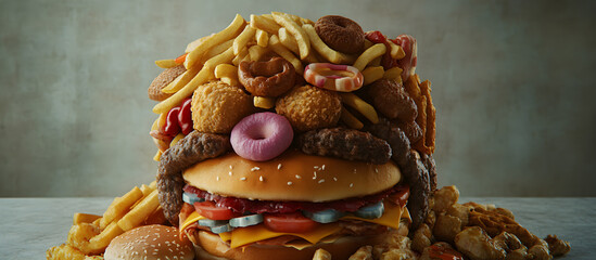 Wall Mural - A burger with a bun and a donut on top of it