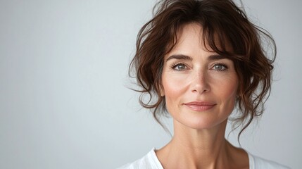 mature woman in her 50s, portrayed in a beautiful and graceful portrait, looking at the camera with confidence and elegance, isolated on a white background