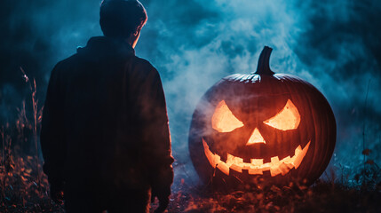 Wall Mural - creepy figure standing in front of a glowing jack-o-lantern