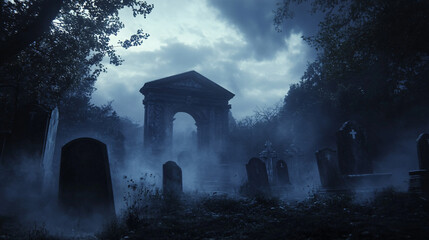 Wall Mural - fog swirling around tombstones in a dark, spooky graveyard