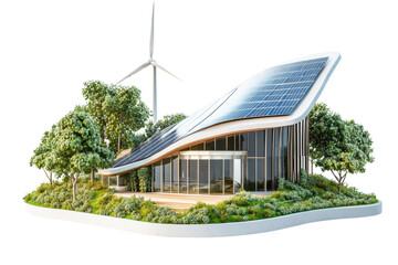 Poster - Innovative renewable energy building design, solar and wind power, eco-conscious architecture,Isolated on transparent background.