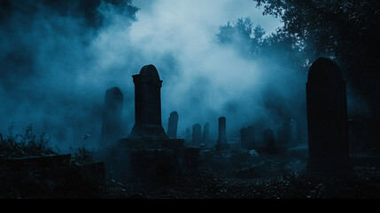 Wall Mural - fog swirling around tombstones in a dark, spooky graveyard