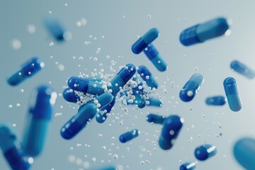 A stack of antibiotic pill Blue capsules falling Healthcare and medical 3D background