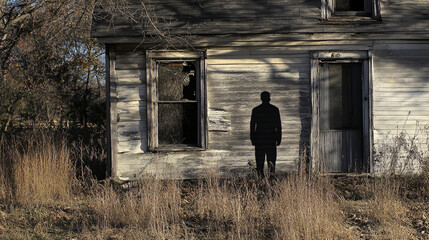 Wall Mural - creepy shadow figure standing near an old, abandoned house