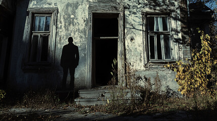 Wall Mural - creepy shadow figure standing near an old, abandoned house