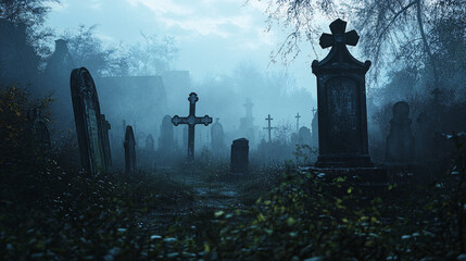 Wall Mural - fog rolling through an overgrown graveyard with eerie lighting