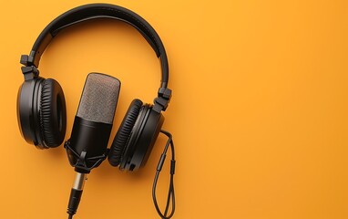 Wall Mural - Headphones and microphone on a yellow background. 3d rendering.