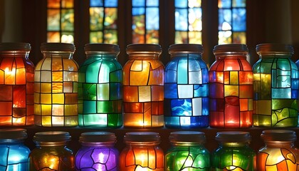 Wall Mural - Vibrant display of colorful glass jars filled with various ingredients