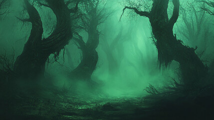 Wall Mural - spooky forest with twisted trees and eerie green mist