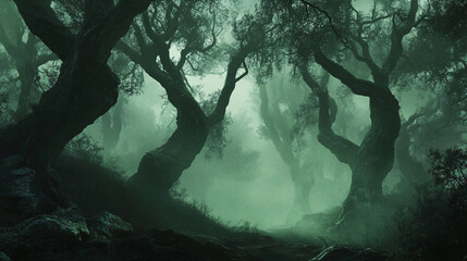 Wall Mural - spooky forest with twisted trees and eerie green mist