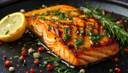 Canvas Print - Savory fried baked salmon with zesty lemon slices