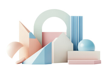 Fototapete - Minimalist 3D rendering of abstract geometric shapes in pastel colors ,Isolated on transparent background.