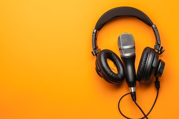 Headphones and microphone on a yellow background. 3d rendering.