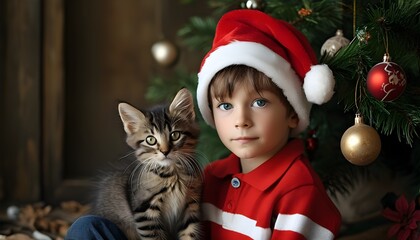 Wall Mural - Joyful moments of a boy and his kitten surrounded by festive Christmas decorations