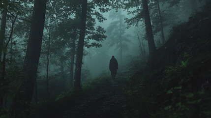 Wall Mural - dark, shadowy figure walking through a misty forest trail