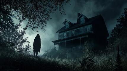 Wall Mural - creepy figure lurking in the shadows of an old, spooky house