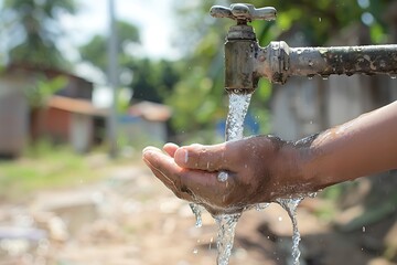 Water dropped from the old tap on hand in dry season