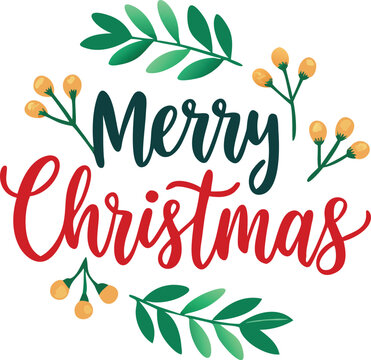 Hand Drawn Vintage Christmas postcard with lettering Merry Christmas