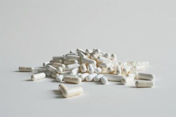 Scattered capsules on white background  isolated pharmacy concept.