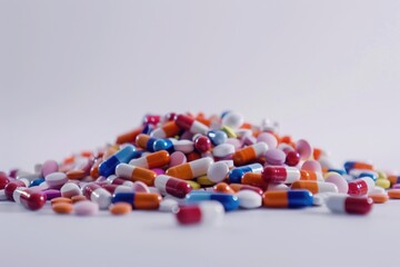 Scattered capsules on white background  isolated pharmacy concept.