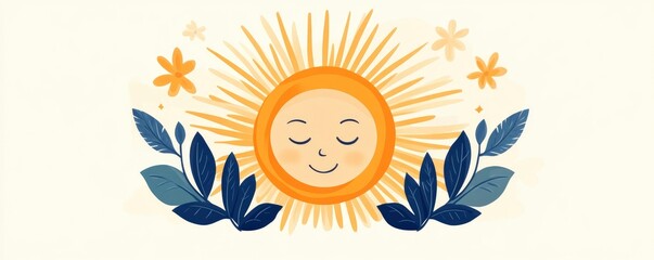 Bright sun art with bold rays and a smiling face on blue background