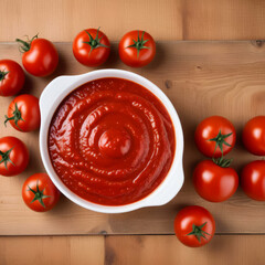 Deep plate with tomato paste or ketchup on wooden table with ripe tomatoes nearby