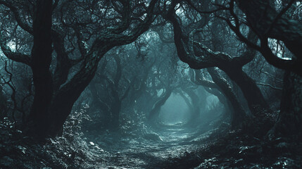 Wall Mural - haunted forest with twisted trees and eerie shadows