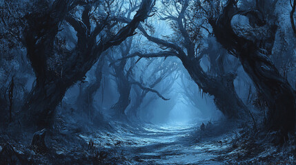Wall Mural - haunted forest with twisted trees and eerie shadows
