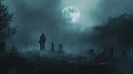 Wall Mural - dark figure walking through a fog-filled graveyard under the moon