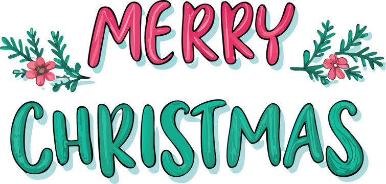 Hand Drawn Vintage Christmas postcard with lettering Merry Christmas