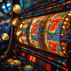 Casino slot machine showing triple sevens with golden coins flying for a big win moment.

