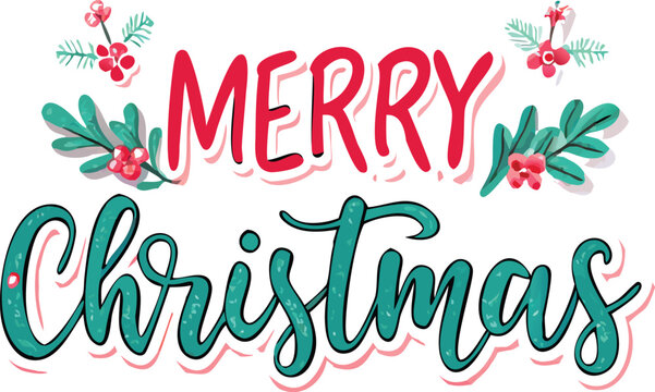 Hand Drawn Vintage Christmas postcard with lettering Merry Christmas