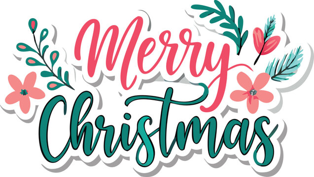 Hand Drawn Vintage Christmas postcard with lettering Merry Christmas