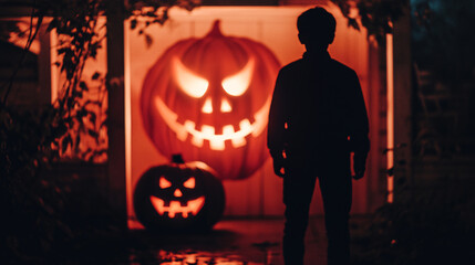Wall Mural - dark silhouette of a figure standing in front of a glowing jack-o-lantern