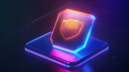 A glowing, futuristic shield emblem symbolizes security and protection, set against a dark background with vibrant neon lights.