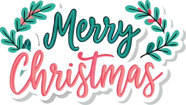 Hand Drawn Vintage Christmas postcard with lettering Merry Christmas