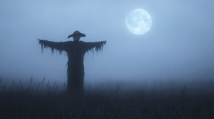 creepy scarecrow standing alone in a foggy field under the moon